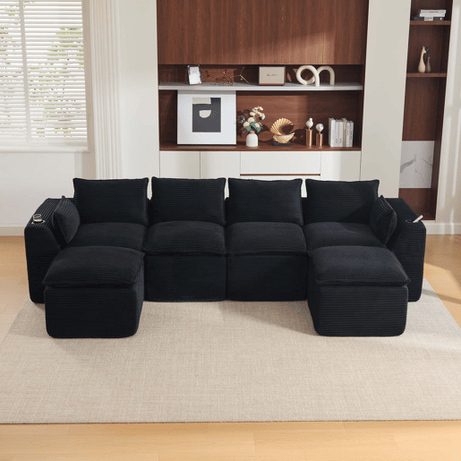 Sofá modular de 4 lugares - 2 apoios para os pés, almofadas, porta-copos, bolsos laterais, espumamolas, recuperação rápida, modular - veludo cotelê preto Sofá modular de 4 lugares - 2 apoios para os pés, almofadas, porta-copos, bolsos laterais, espumamolas, recuperação rápida, modular - veludo cotelê preto