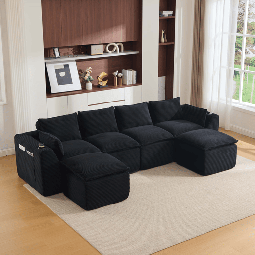 Sofá modular de 4 lugares - 2 apoios para os pés, almofadas, porta-copos, bolsos laterais, espumamolas, recuperação rápida, modular - veludo cotelê preto Sofá modular de 4 lugares - 2 apoios para os pés, almofadas, porta-copos, bolsos laterais, espumamolas, recuperação rápida, modular - veludo cotelê preto