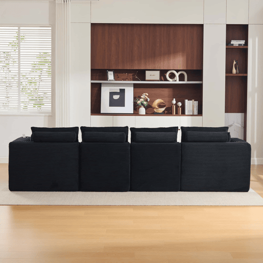 Sofá modular de 4 lugares - 2 apoios para os pés, almofadas, porta-copos, bolsos laterais, espumamolas, recuperação rápida, modular - veludo cotelê preto Sofá modular de 4 lugares - 2 apoios para os pés, almofadas, porta-copos, bolsos laterais, espumamolas, recuperação rápida, modular - veludo cotelê preto