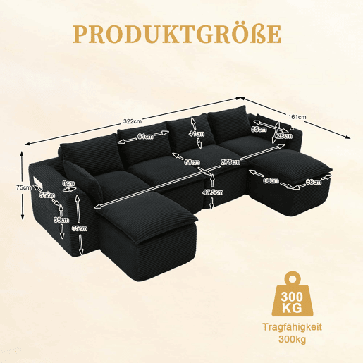 Sofá modular de 4 lugares - 2 apoios para os pés, almofadas, porta-copos, bolsos laterais, espumamolas, recuperação rápida, modular - veludo cotelê preto Sofá modular de 4 lugares - 2 apoios para os pés, almofadas, porta-copos, bolsos laterais, espumamolas, recuperação rápida, modular - veludo cotelê preto
