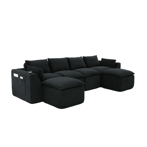 Sofá modular de 4 lugares - 2 apoios para os pés, almofadas, porta-copos, bolsos laterais, espumamolas, recuperação rápida, modular - veludo cotelê preto Sofá modular de 4 lugares - 2 apoios para os pés, almofadas, porta-copos, bolsos laterais, espumamolas, recuperação rápida, modular - veludo cotelê preto