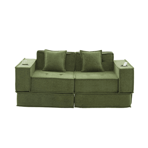 Sofá-cama duplo de 2 lugares u2014 com duas almofadas, pufe decorativo com arrumação lateral e porta-copos, design moderno e multifuncional em tecido u2014 verde