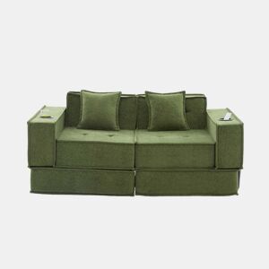 Sofá-cama duplo de 2 lugares u2014 com duas almofadas, pufe decorativo com arrumação lateral e porta-copos, design moderno e multifuncional em tecido u2014 verde