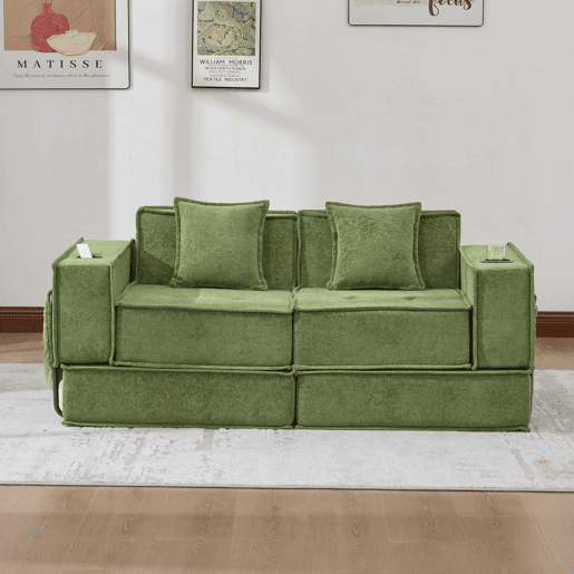 Sofá-cama duplo de 2 lugares u2014 com duas almofadas, pufe decorativo com arrumação lateral e porta-copos, design moderno e multifuncional em tecido u2014 verde
