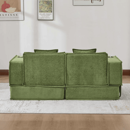 Sofá-cama duplo de 2 lugares u2014 com duas almofadas, pufe decorativo com arrumação lateral e porta-copos, design moderno e multifuncional em tecido u2014 verde