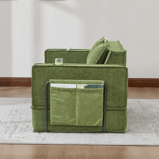 Sofá-cama duplo de 2 lugares u2014 com duas almofadas, pufe decorativo com arrumação lateral e porta-copos, design moderno e multifuncional em tecido u2014 verde