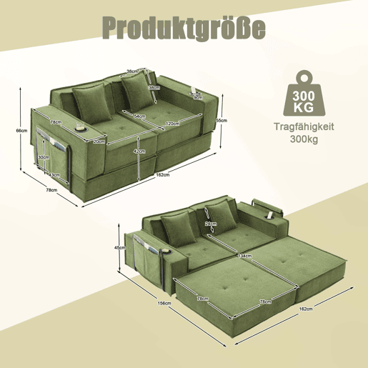 Sofá-cama duplo de 2 lugares u2014 com duas almofadas, pufe decorativo com arrumação lateral e porta-copos, design moderno e multifuncional em tecido u2014 verde