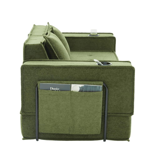 Sofá-cama duplo de 2 lugares u2014 com duas almofadas, pufe decorativo com arrumação lateral e porta-copos, design moderno e multifuncional em tecido u2014 verde
