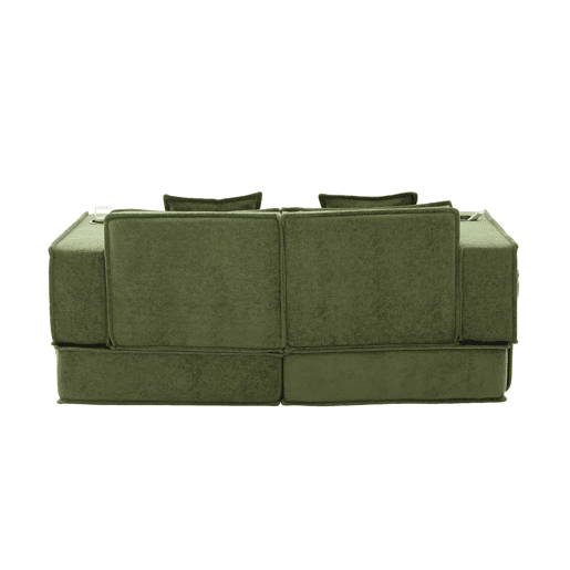 Sofá-cama duplo de 2 lugares u2014 com duas almofadas, pufe decorativo com arrumação lateral e porta-copos, design moderno e multifuncional em tecido u2014 verde