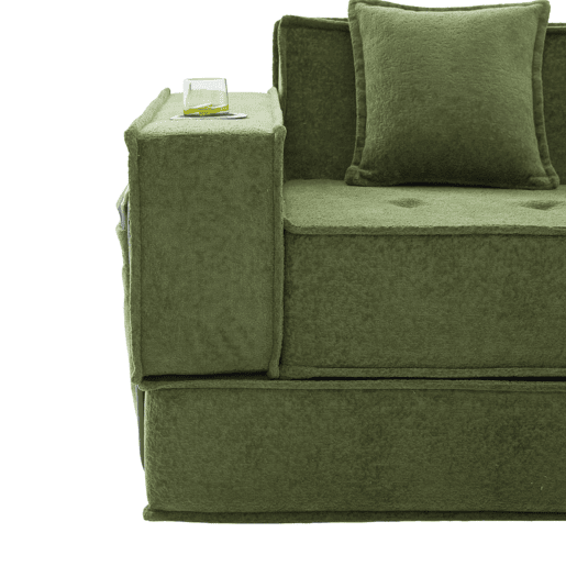 Sofá-cama duplo de 2 lugares u2014 com duas almofadas, pufe decorativo com arrumação lateral e porta-copos, design moderno e multifuncional em tecido u2014 verde
