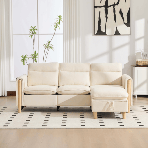 Sofá de canto de 3 lugares em estilo nórdico - sofá em tecido em forma de L com arrumação e pés de madeira - bege Sofá de canto de 3 lugares em estilo nórdico - sofá em tecido em forma de L com arrumação e pés de madeira - bege