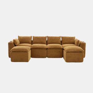 Sofá modular de 4 lugares - 2 apoios para os pés, porta-copos, bolsos laterais, espumamolas, alta resiliência, combinável - laranja em veludo cotelê