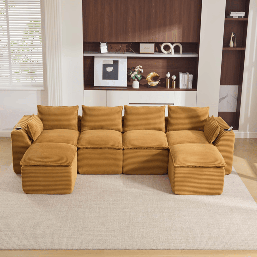 Sofá modular de 4 lugares - 2 apoios para os pés, porta-copos, bolsos laterais, espumamolas, alta resiliência, combinável - laranja em veludo cotelê Sofá modular de 4 lugares - 2 apoios para os pés, porta-copos, bolsos laterais, espumamolas, alta resiliência, combinável - laranja em veludo cotelê