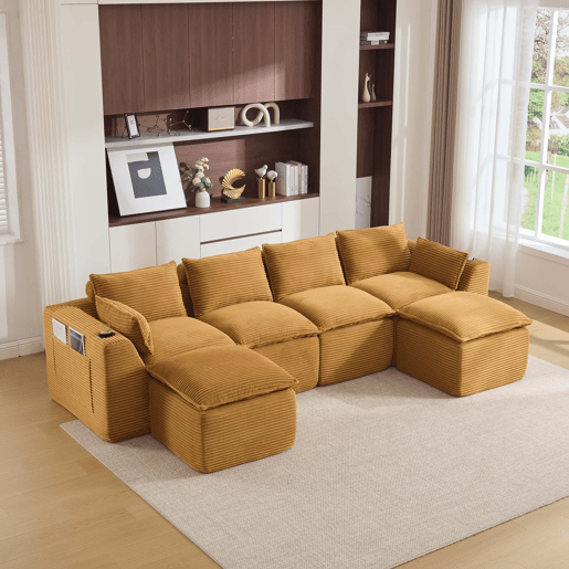 Sofá modular de 4 lugares - 2 apoios para os pés, porta-copos, bolsos laterais, espumamolas, alta resiliência, combinável - laranja em veludo cotelê Sofá modular de 4 lugares - 2 apoios para os pés, porta-copos, bolsos laterais, espumamolas, alta resiliência, combinável - laranja em veludo cotelê