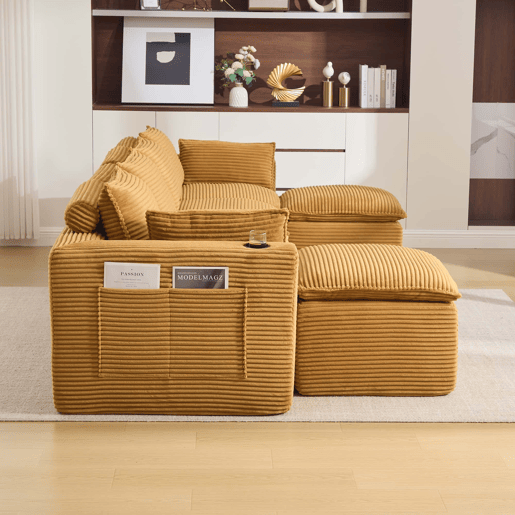 Sofá modular de 4 lugares - 2 apoios para os pés, porta-copos, bolsos laterais, espumamolas, alta resiliência, combinável - laranja em veludo cotelê Sofá modular de 4 lugares - 2 apoios para os pés, porta-copos, bolsos laterais, espumamolas, alta resiliência, combinável - laranja em veludo cotelê