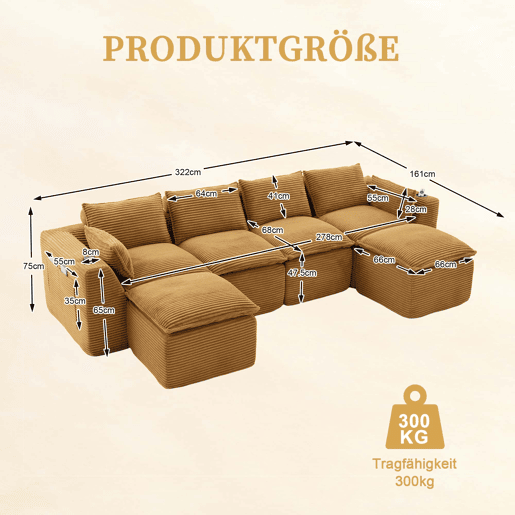 Sofá modular de 4 lugares - 2 apoios para os pés, porta-copos, bolsos laterais, espumamolas, alta resiliência, combinável - laranja em veludo cotelê Sofá modular de 4 lugares - 2 apoios para os pés, porta-copos, bolsos laterais, espumamolas, alta resiliência, combinável - laranja em veludo cotelê