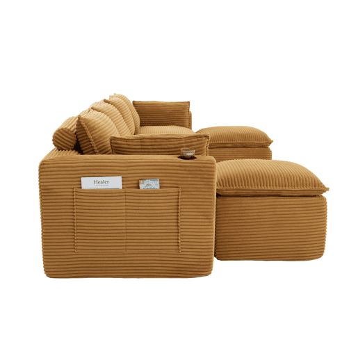 Sofá modular de 4 lugares - 2 apoios para os pés, porta-copos, bolsos laterais, espumamolas, alta resiliência, combinável - laranja em veludo cotelê Sofá modular de 4 lugares - 2 apoios para os pés, porta-copos, bolsos laterais, espumamolas, alta resiliência, combinável - laranja em veludo cotelê