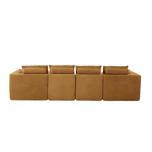Sofá modular de 4 lugares - 2 apoios para os pés, porta-copos, bolsos laterais, espumamolas, alta resiliência, combinável - laranja em veludo cotelê Sofá modular de 4 lugares - 2 apoios para os pés, porta-copos, bolsos laterais, espumamolas, alta resiliência, combinável - laranja em veludo cotelê