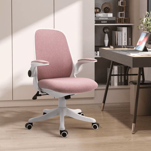 Cadeira de escritório giratória, cadeira de mesa reclinável, altura ajustável, apoios de braço eleváveis, 62,5 x 60 x 94-104 cm, rosa Cadeira de escritório giratória, cadeira de mesa reclinável, altura ajustável, apoios de braço eleváveis, 62,5 x 60 x 94-104 cm, rosa