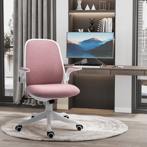 Cadeira de escritório giratória, cadeira de mesa reclinável, altura ajustável, apoios de braço eleváveis, 62,5 x 60 x 94-104 cm, rosa Cadeira de escritório giratória, cadeira de mesa reclinável, altura ajustável, apoios de braço eleváveis, 62,5 x 60 x 94-104 cm, rosa