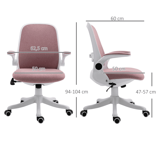 Cadeira de escritório giratória, cadeira de mesa reclinável, altura ajustável, apoios de braço eleváveis, 62,5 x 60 x 94-104 cm, rosa Cadeira de escritório giratória, cadeira de mesa reclinável, altura ajustável, apoios de braço eleváveis, 62,5 x 60 x 94-104 cm, rosa