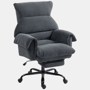 Cadeira de escritório com apoio para os pés, encosto reclinável, assento alto e apoios de braço largos, estofamento espesso, cinza escuro.