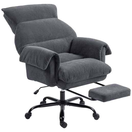 Cadeira de escritório com apoio para os pés, encosto reclinável, assento alto e apoios de braço largos, estofamento espesso, cinza escuro. Cadeira de escritório com apoio para os pés, encosto reclinável, assento alto e apoios de braço largos, estofamento espesso, cinza escuro.