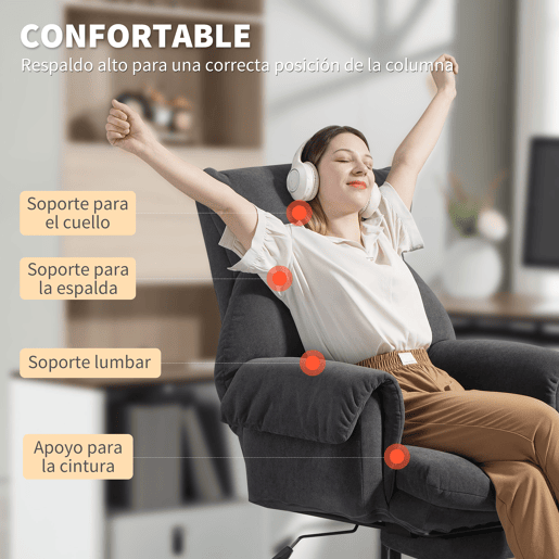 Cadeira de escritório com apoio para os pés, encosto reclinável, assento alto e apoios de braço largos, estofamento espesso, cinza escuro. Cadeira de escritório com apoio para os pés, encosto reclinável, assento alto e apoios de braço largos, estofamento espesso, cinza escuro.