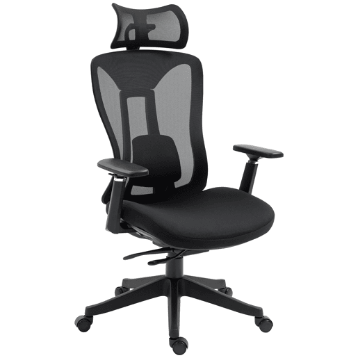 Cadeira de escritório em tela mesh com apoio de cabeça ajustável, suporte lombar e apoios de braço 3D, 70x66x128 cm, preta. Cadeira de escritório em tela mesh com apoio de cabeça ajustável, suporte lombar e apoios de braço 3D, 70x66x128 cm, preta.