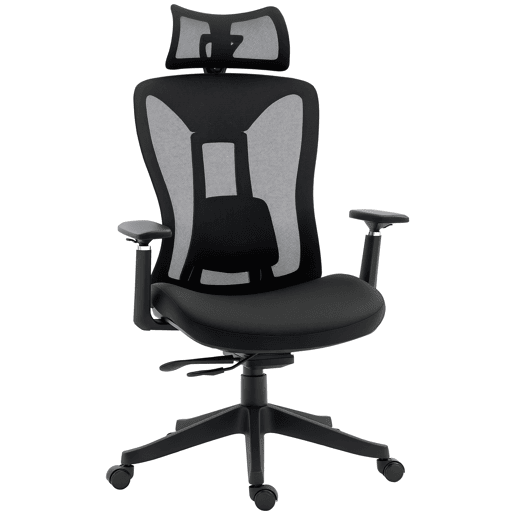 Cadeira de escritório em tela mesh com apoio de cabeça ajustável, suporte lombar e apoios de braço 3D, 70x66x128 cm, preta. Cadeira de escritório em tela mesh com apoio de cabeça ajustável, suporte lombar e apoios de braço 3D, 70x66x128 cm, preta.