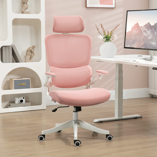 Cadeira giratória em tela, cadeira de escritório reclinável com encosto alto, apoio de cabeça e apoios de braço, 62x58x133 cm, rosa Cadeira giratória em tela, cadeira de escritório reclinável com encosto alto, apoio de cabeça e apoios de braço, 62x58x133 cm, rosa