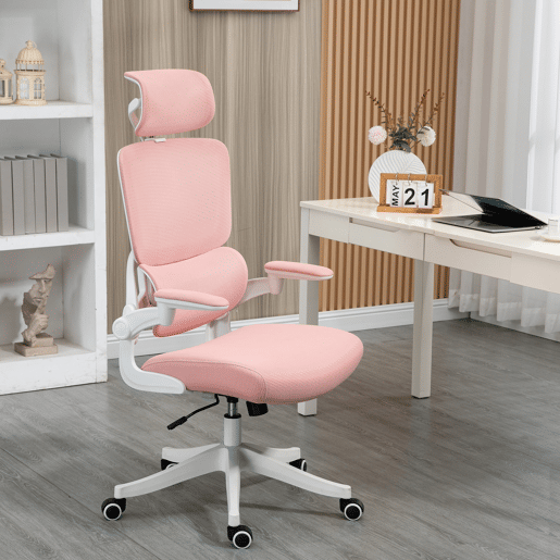 Cadeira giratória em tela, cadeira de escritório reclinável com encosto alto, apoio de cabeça e apoios de braço, 62x58x133 cm, rosa Cadeira giratória em tela, cadeira de escritório reclinável com encosto alto, apoio de cabeça e apoios de braço, 62x58x133 cm, rosa