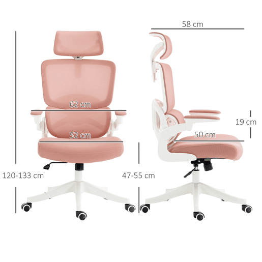 Cadeira giratória em tela, cadeira de escritório reclinável com encosto alto, apoio de cabeça e apoios de braço, 62x58x133 cm, rosa Cadeira giratória em tela, cadeira de escritório reclinável com encosto alto, apoio de cabeça e apoios de braço, 62x58x133 cm, rosa