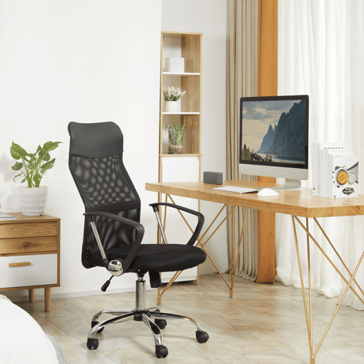 Cadeira de escritório com encosto curvo, apoio de cabeça e rodízios, função de inclinação e giro, 63x65x109-119 cm, preta Cadeira de escritório com encosto curvo, apoio de cabeça e rodízios, função de inclinação e giro, 63x65x109-119 cm, preta