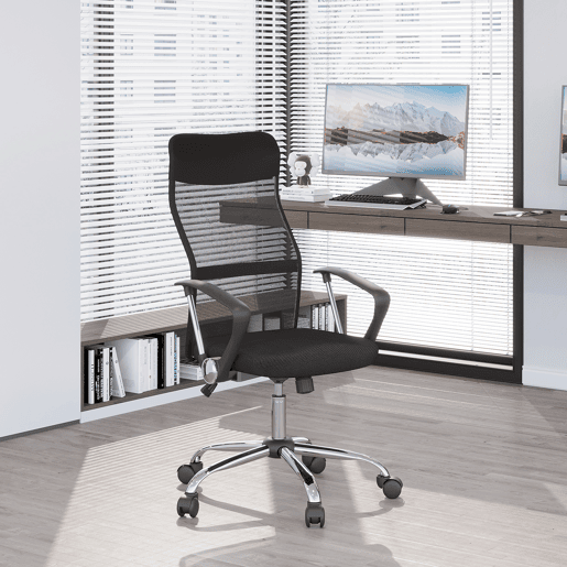 Cadeira de escritório com encosto curvo, apoio de cabeça e rodízios, função de inclinação e giro, 63x65x109-119 cm, preta Cadeira de escritório com encosto curvo, apoio de cabeça e rodízios, função de inclinação e giro, 63x65x109-119 cm, preta