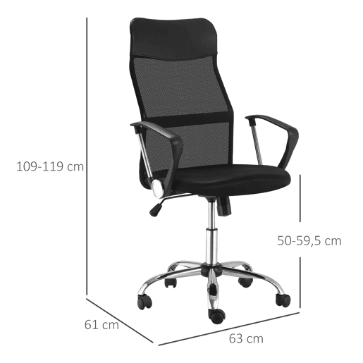 Cadeira de escritório com encosto curvo, apoio de cabeça e rodízios, função de inclinação e giro, 63x65x109-119 cm, preta Cadeira de escritório com encosto curvo, apoio de cabeça e rodízios, função de inclinação e giro, 63x65x109-119 cm, preta