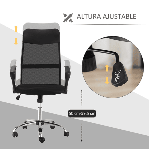 Cadeira de escritório com encosto curvo, apoio de cabeça e rodízios, função de inclinação e giro, 63x65x109-119 cm, preta Cadeira de escritório com encosto curvo, apoio de cabeça e rodízios, função de inclinação e giro, 63x65x109-119 cm, preta
