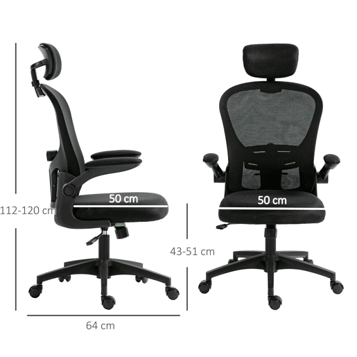 Cadeira de escritório em tela mesh, cadeira de mesa com encosto alto ajustável, apoio de cabeça e suporte lombar 4D, 62x64x120 cm, preta.
