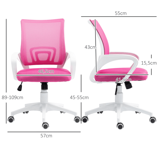 Cadeira de escritório giratória em tela com altura ajustável, função de inclinação e apoios de braço, capacidade de carga de 120 kg, rosa.