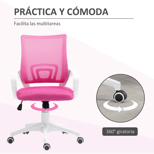 Cadeira de escritório giratória em tela com altura ajustável, função de inclinação e apoios de braço, capacidade de carga de 120 kg, rosa.