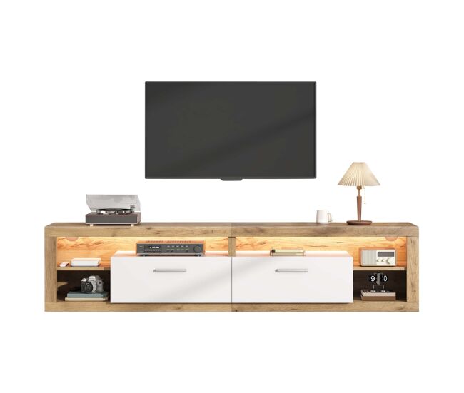 Mueble tv 180x35,5x50cm - led control por app, 2 cajones, 4 compartimentos abiertos, madera aglomerada, 30kg, 75 pulgadas - natural y blanco