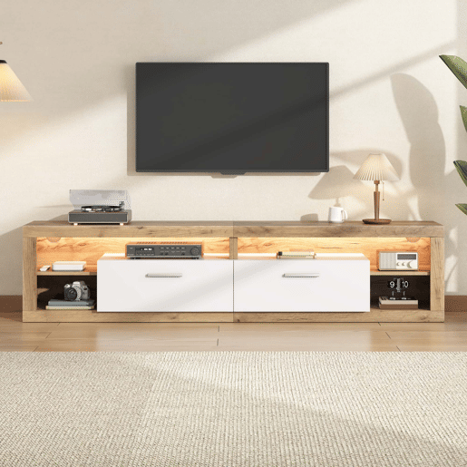 Móvel para TV 180 x 35,5 x 50 cm - Controlo LED por aplicação, 2 gavetas, 4 compartimentos abertos, aglomerado de madeira, 30 kg, 75 polegadas - natural e branco Móvel para TV 180 x 35,5 x 50 cm - Controlo LED por aplicação, 2 gavetas, 4 compartimentos abertos, aglomerado de madeira, 30 kg, 75 polegadas - natural e branco