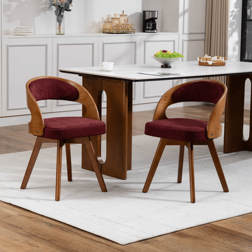 Conjunto de 2 cadeiras de jantar em madeira, giratórias a 360° - design moderno com almofada em linho e algodão e encosto curvo - cor vinho Conjunto de 2 cadeiras de jantar em madeira, giratórias a 360° - design moderno com almofada em linho e algodão e encosto curvo - cor vinho