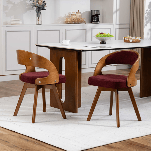 Conjunto de 2 cadeiras de jantar em madeira, giratórias a 360° - design moderno com almofada em linho e algodão e encosto curvo - cor vinho Conjunto de 2 cadeiras de jantar em madeira, giratórias a 360° - design moderno com almofada em linho e algodão e encosto curvo - cor vinho