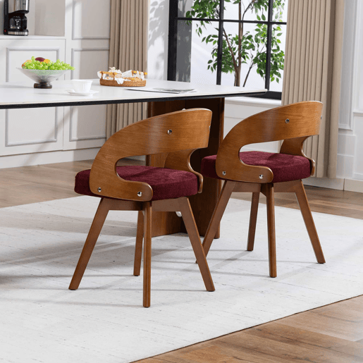 Conjunto de 2 cadeiras de jantar em madeira, giratórias a 360° - design moderno com almofada em linho e algodão e encosto curvo - cor vinho Conjunto de 2 cadeiras de jantar em madeira, giratórias a 360° - design moderno com almofada em linho e algodão e encosto curvo - cor vinho