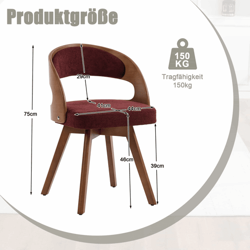 Conjunto de 2 cadeiras de jantar em madeira, giratórias a 360° - design moderno com almofada em linho e algodão e encosto curvo - cor vinho Conjunto de 2 cadeiras de jantar em madeira, giratórias a 360° - design moderno com almofada em linho e algodão e encosto curvo - cor vinho