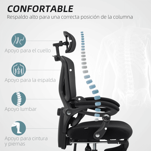 Cadeira de escritório reclinável em tela com apoio de cabeça, suporte lombar, apoio para os pés e altura ajustável, capacidade de carga de 135 kg, preta. Cadeira de escritório reclinável em tela com apoio de cabeça, suporte lombar, apoio para os pés e altura ajustável, capacidade de carga de 135 kg, preta.