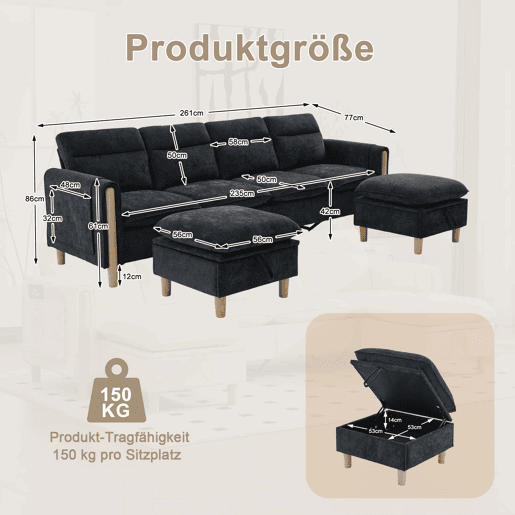Sofá modular em U de 4 lugares, grande u2013 com duas otomanas com espaço de arrumação, pés de madeira, tecido de chenille, design modular confortável para a sala de estar familiar u2013 preto Sofá modular em U de 4 lugares, grande u2013 com duas otomanas com espaço de arrumação, pés de madeira, tecido de chenille, design modular confortável para a sala de estar familiar u2013 preto