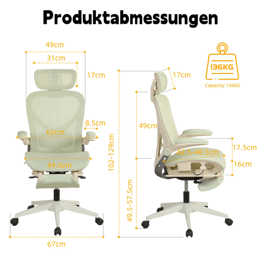 Cadeira de escritório ergonómica, dobrável e compacta - apoio lombar, assento em malha deslizante, apoios de braços rebatíveis, apoio para a cabeça 3D e pedais de trabalho - verde Cadeira de escritório ergonómica, dobrável e compacta - apoio lombar, assento em malha deslizante, apoios de braços rebatíveis, apoio para a cabeça 3D e pedais de trabalho - verde