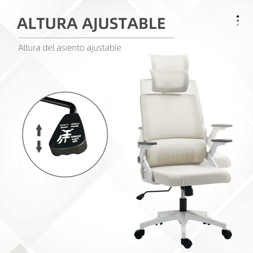 Cadeira de escritório em tela mesh com altura ajustável, apoio de cabeça e apoios de braço ajustáveis, bege.
